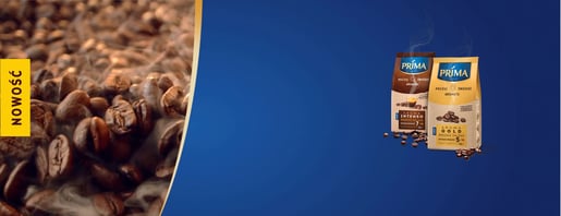 Opakowanie ziaren kawy Prima: Aroma Gold i Aroma Intense na niebieskim tle
