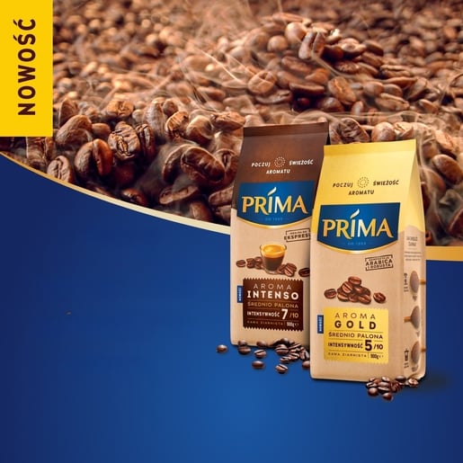Opakowanie ziaren kawy Prima: Aroma Gold i Aroma Intense na niebieskim tle